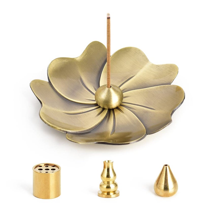 HOKPA Sakura Flower Incense Holder, 5PCS Bronze Incense Burner Holder with Silk Pouch, Two Styles Drop-Shape, Cylinder Multihole and Gourd-Shape Ash Catcher Yoga Room Bedroom Home Fragrance - Image 1